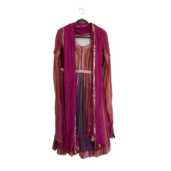 Abhishek Gupta M Pink Handmade Indian Anarkali Dress Dupatta Gold Accents Flowy - Picture 1 of 11